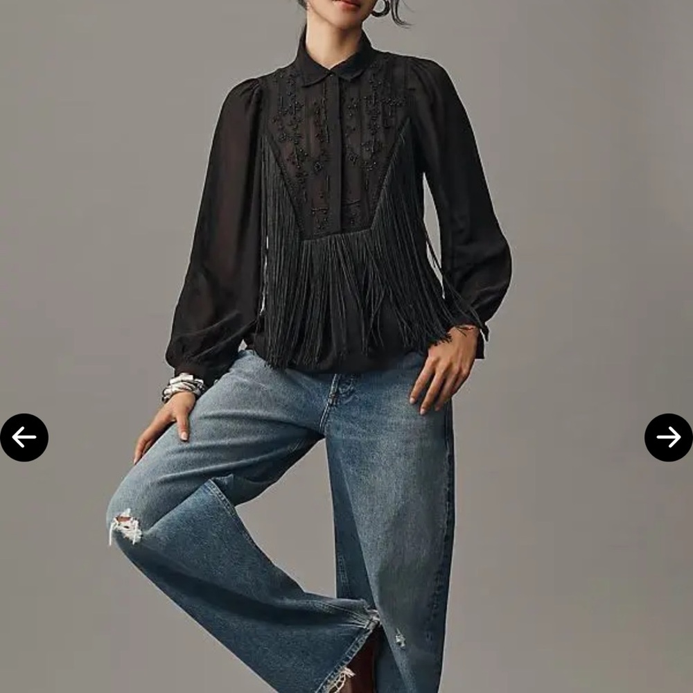 NWT By Anthropologie Long-Sleeve Collared Embellished Fringe Blouse - Picture 3 of 6